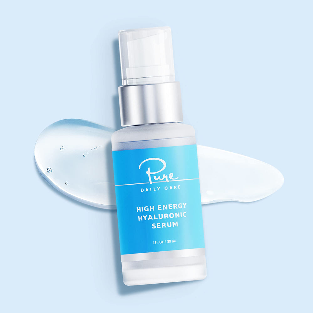 Pure Daily Care High Energy Hyaluronic Serum on moisturized skin.