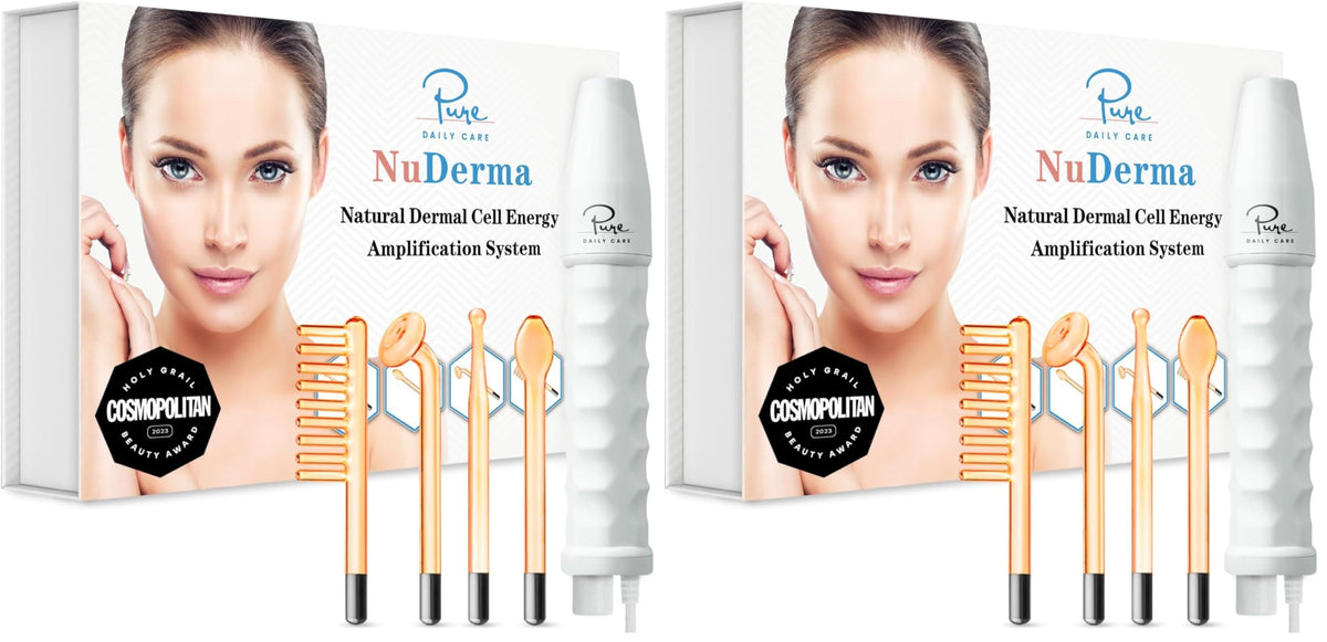 Pure Daily Care NuDerma handheld skin wand with neon glow for targeted facial sessions.
