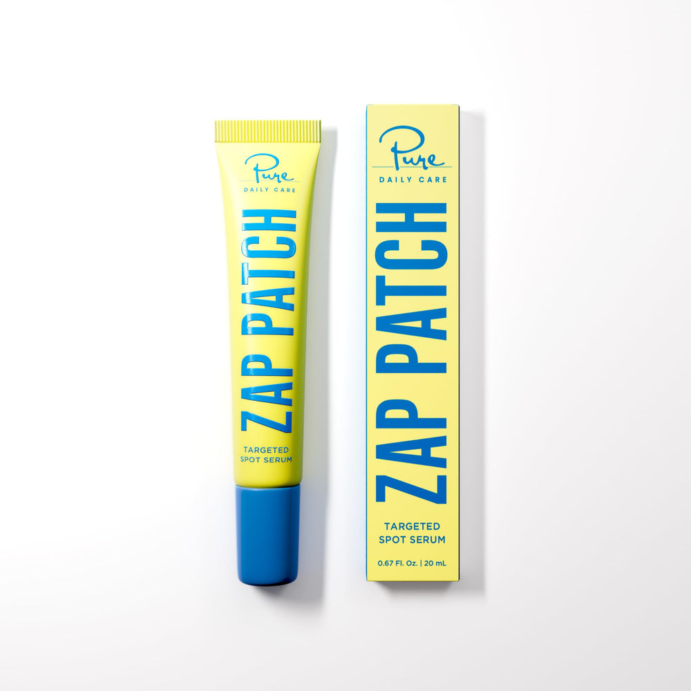 Pure Daily Care Zap Patch serum bottle closeup showing redness-reducing formula.