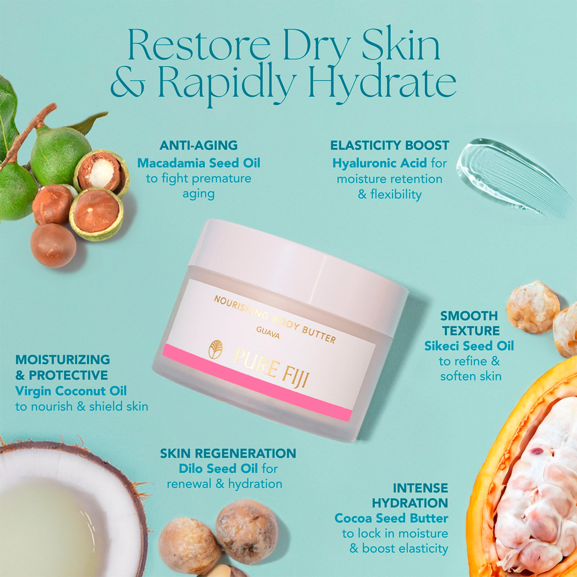 Pure Fiji Body Butter closeup emphasizing elasticity and softness.