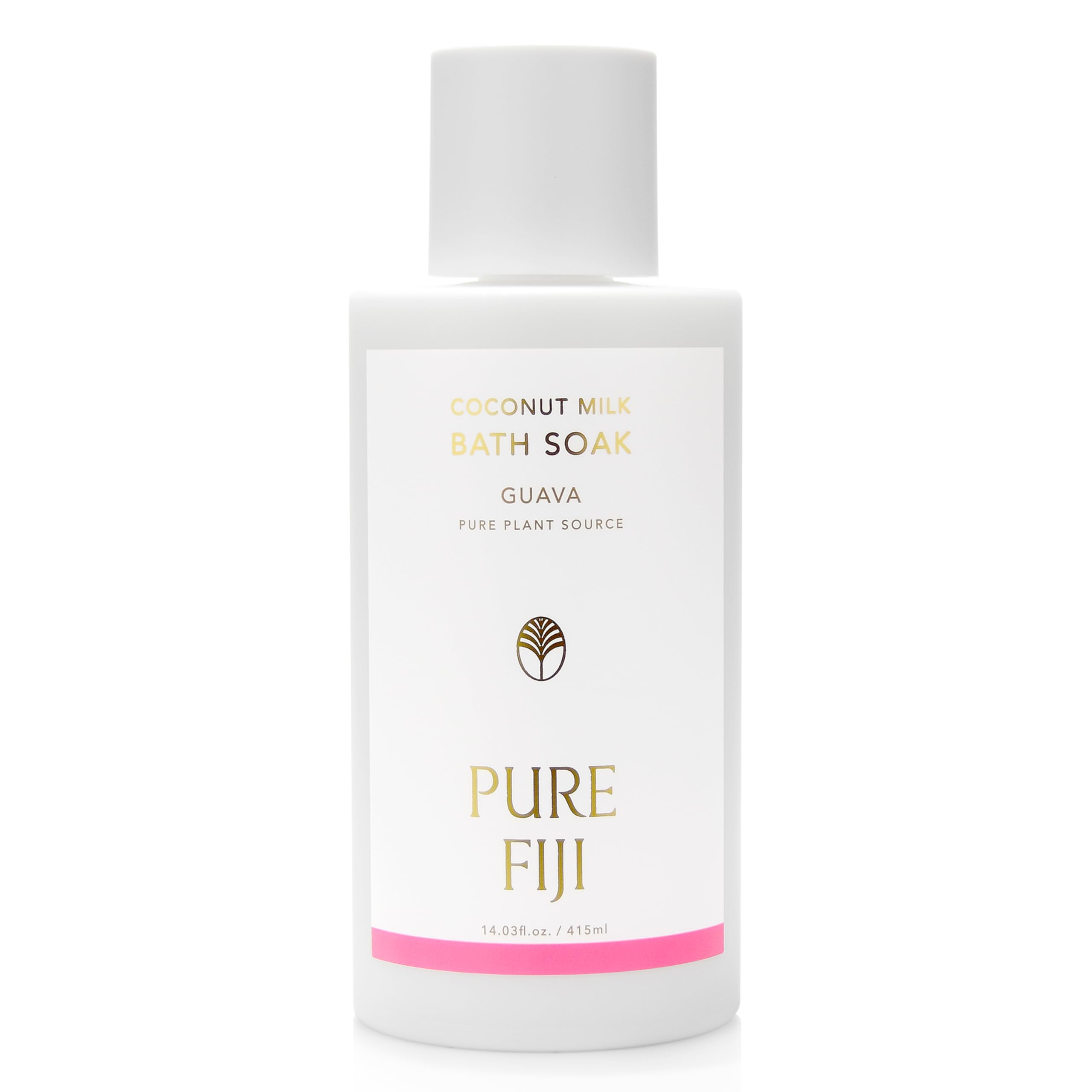 Pure Fiji Coconut Milk Bath Soak Guava bottle pour invites a moisturizing spa-like ritual.