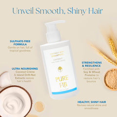 Pure Fiji Coconut Milk Shampoo coconut milk swirl, highlighting deep hydration and shine potential.