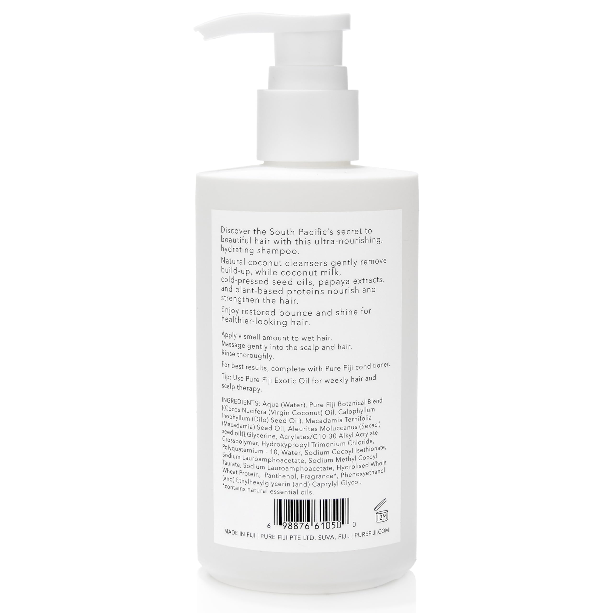Pure Fiji Coconut Milk Shampoo label close-up, showcasing natural ingredients and premium packaging.