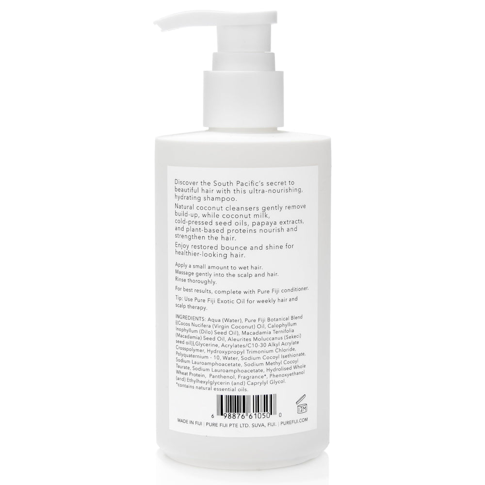 Pure Fiji Coconut Milk Shampoo label close-up, showcasing natural ingredients and premium packaging.
