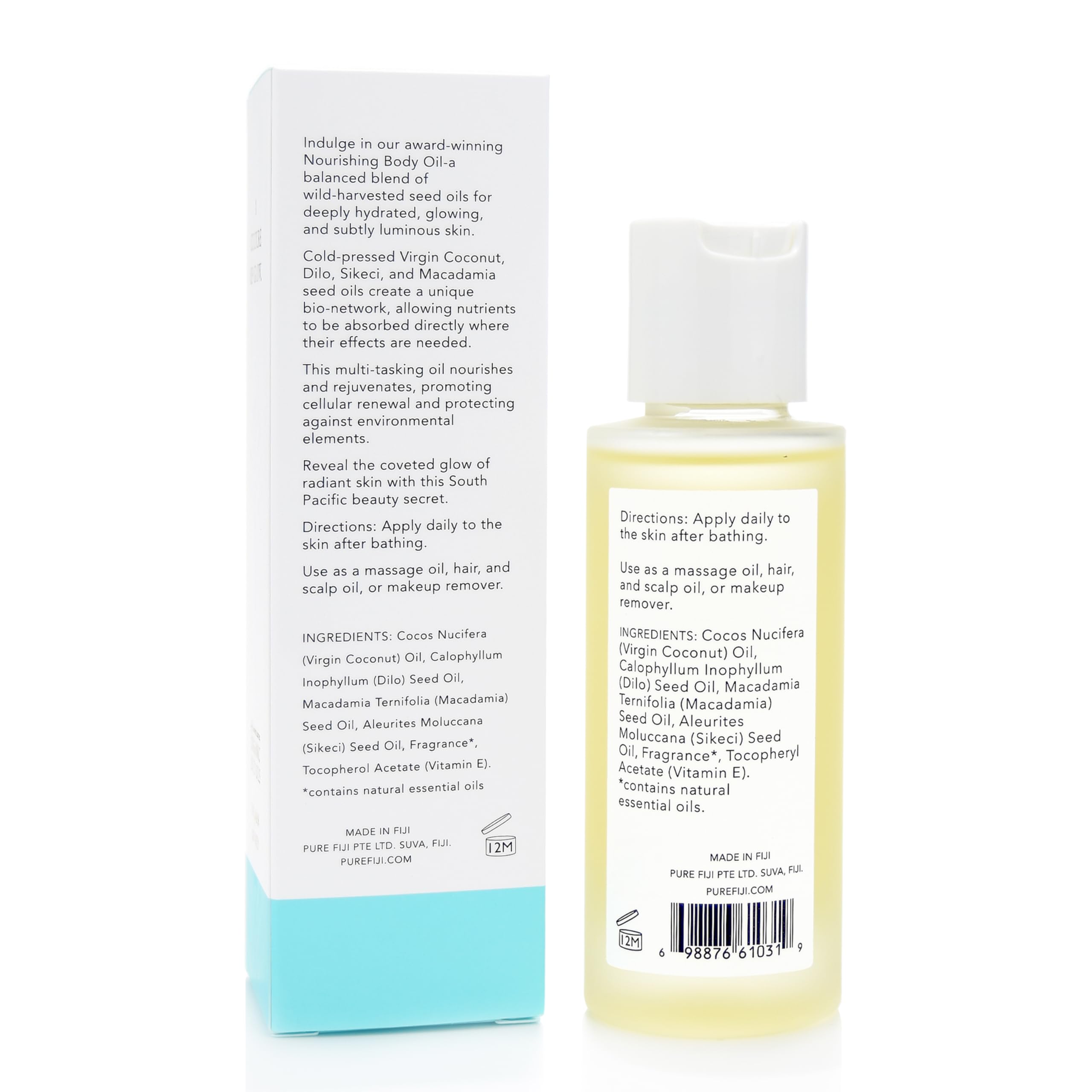 Pure Fiji exotic coconut oil texture and pour, demonstrating quick absorption.