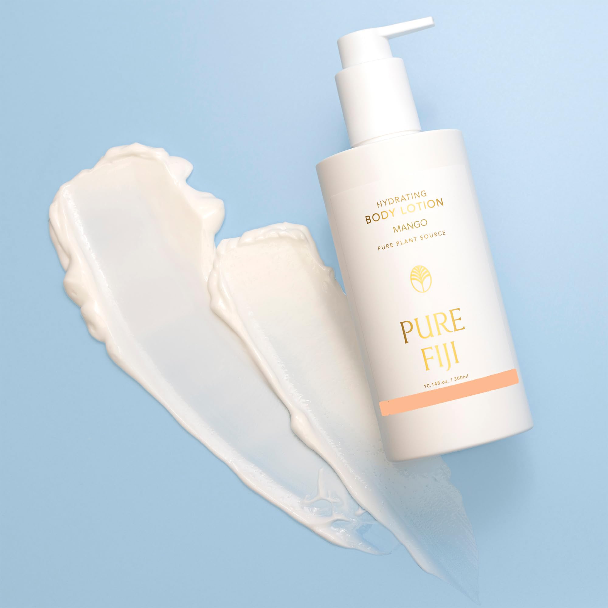 Texture close-up of Pure Fiji Mango Lotion showing a lightweight, non-greasy absorption.