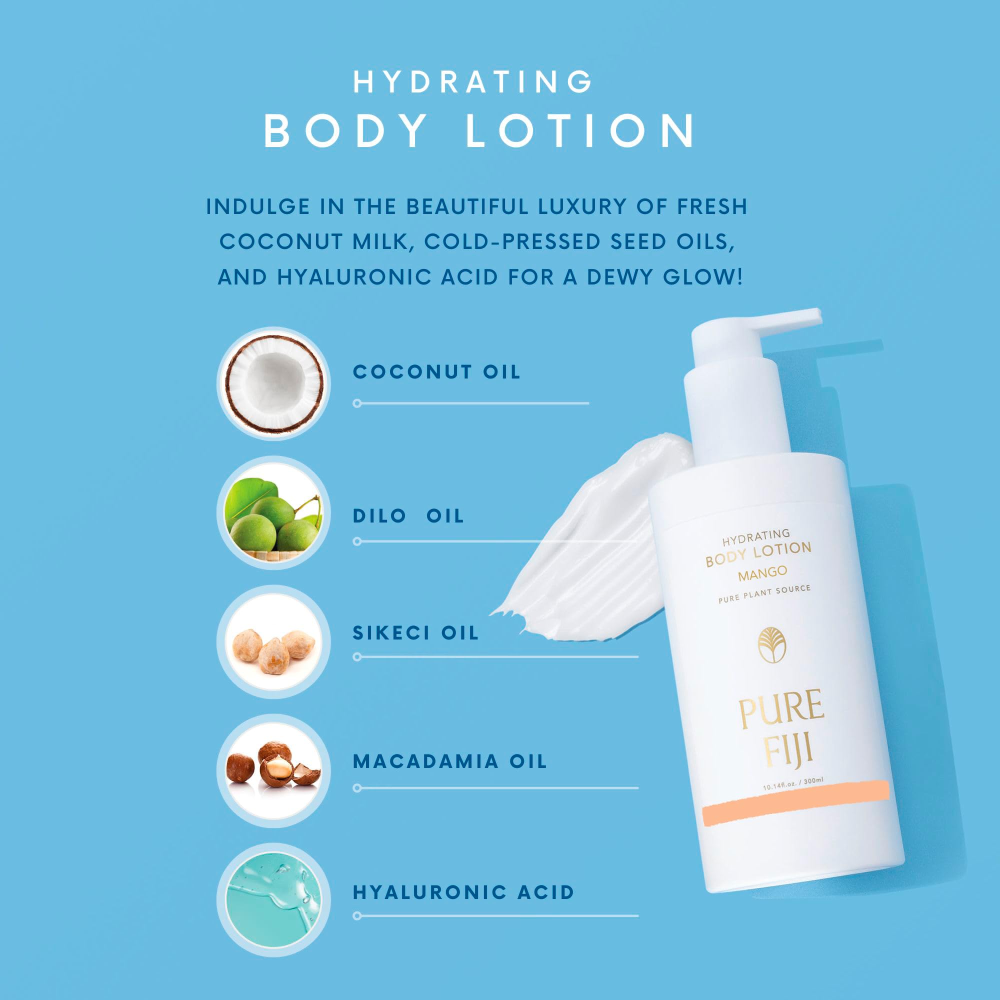 Vitamin-rich Pure Fiji Mango Lotion supporting skin vitality and antioxidant protection.