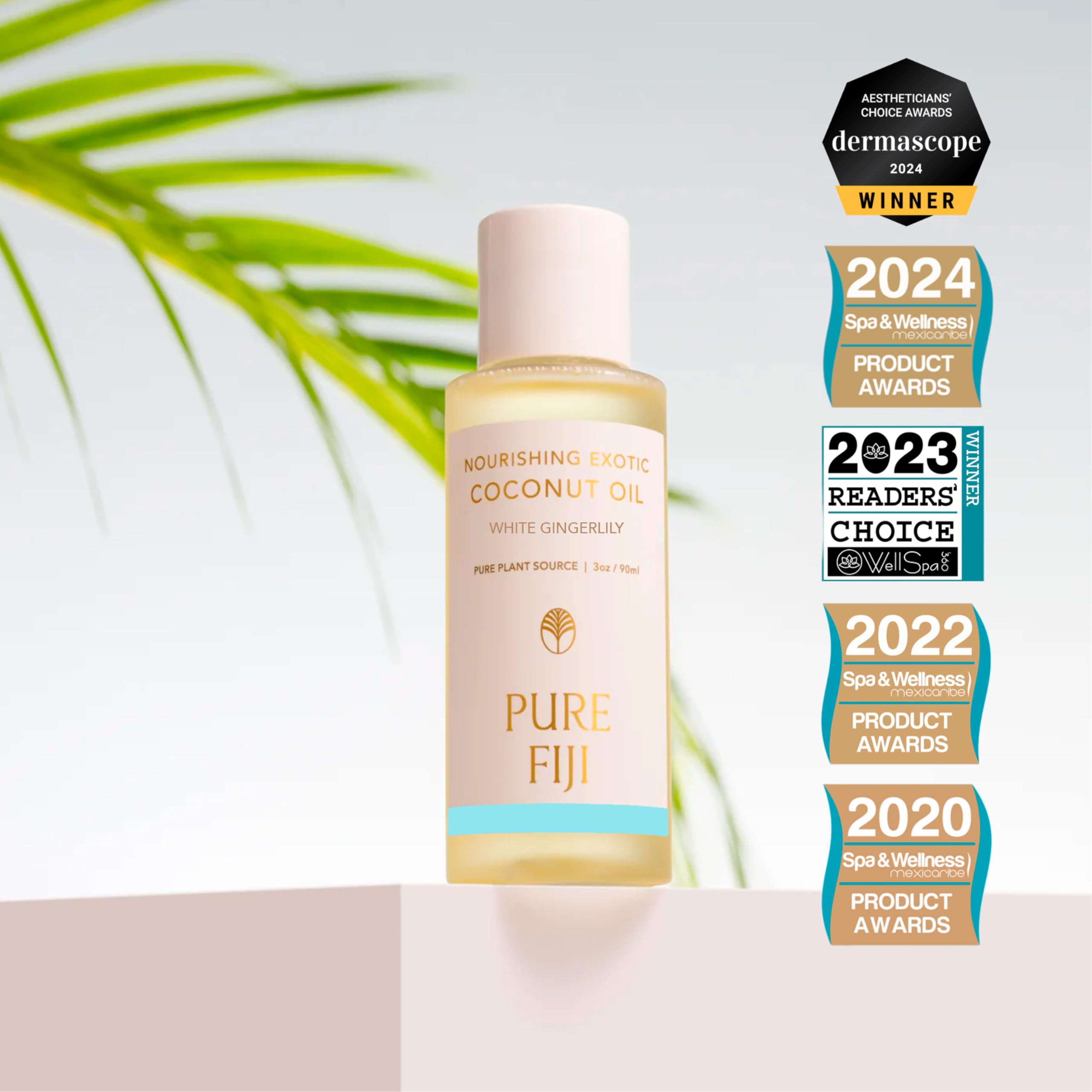 Pure Fiji natural ingredients with dilo and coconut oils, highlighting clean, nourishing formula.
