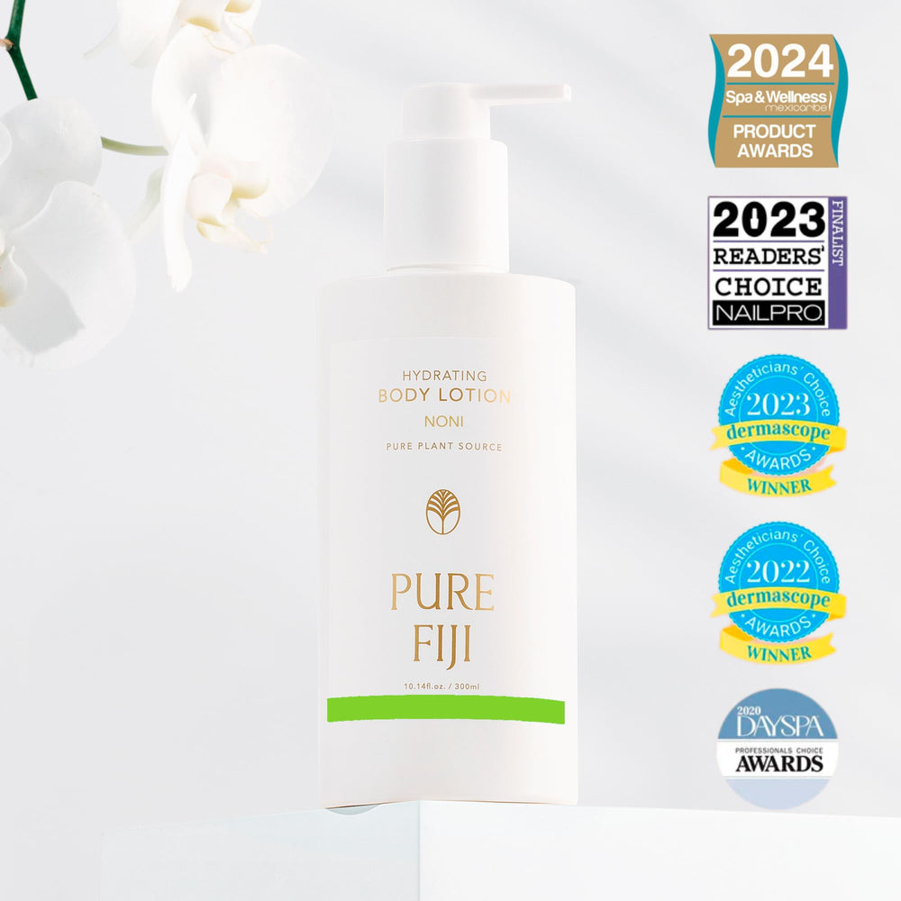 Pure Fiji Noni lotion with hyaluronic acid supports plump, smooth skin.