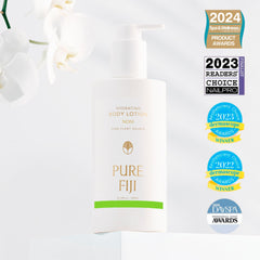 Pure Fiji Noni lotion with hyaluronic acid supports plump, smooth skin.