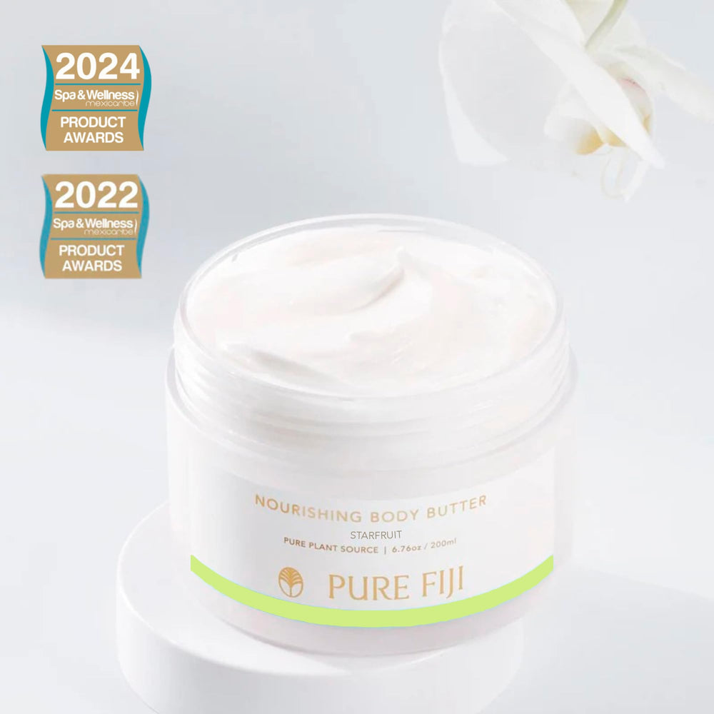Pure Fiji Nourishing Body Butter starfruit elasticity benefits shown in smooth finish.