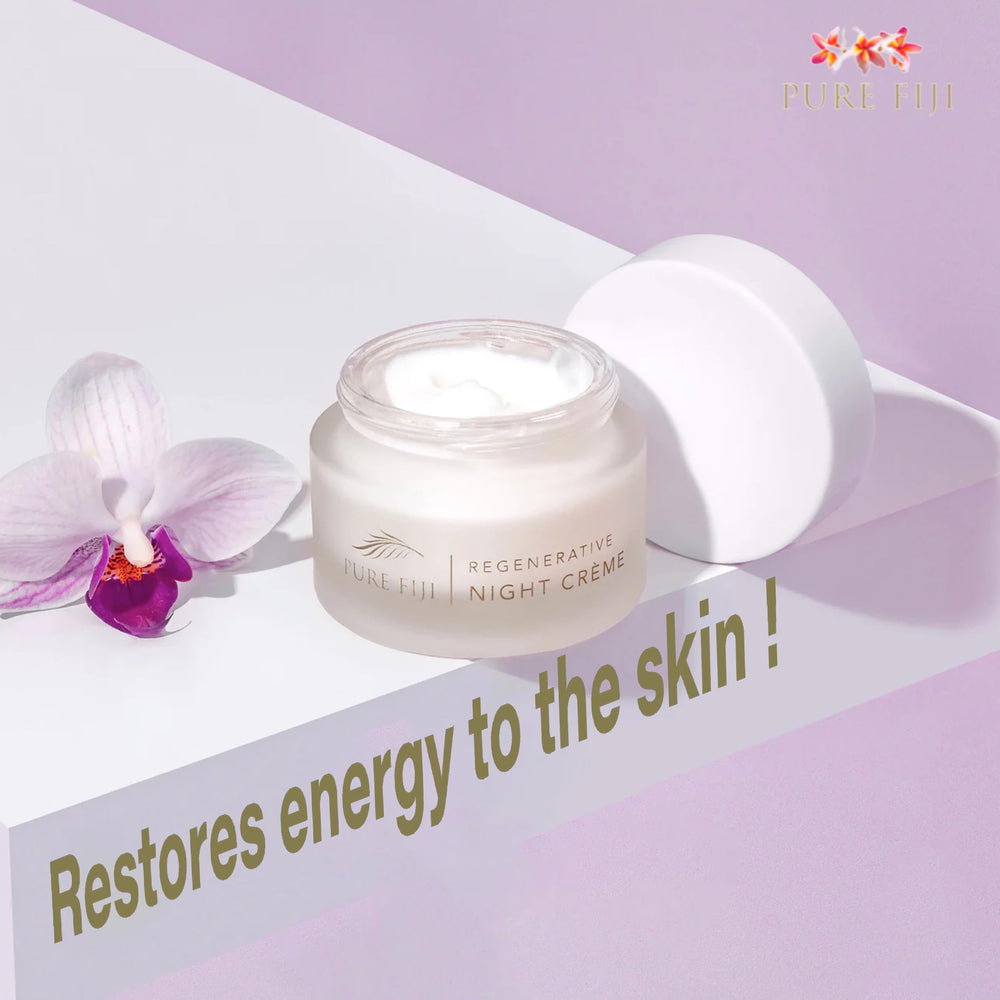 PURE FIJI Regenerative Night Cream bottle backlit emphasizes premium formula and user experience.
