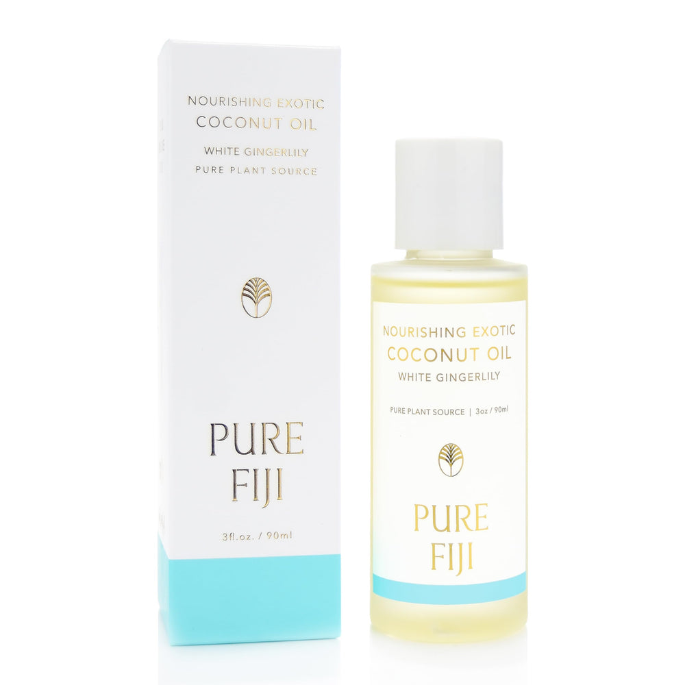 Pure Fiji travel size bottle of exotic coconut oil with white gingerlily, ideal for on-the-go skincare.