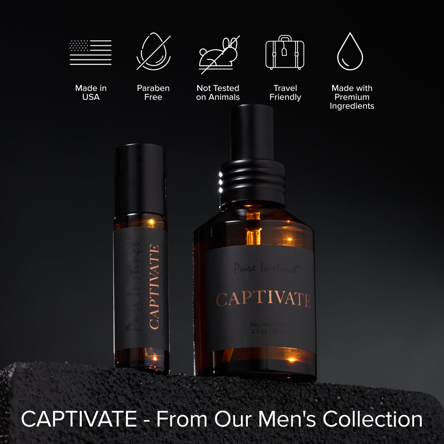 Pure Instinct Captivate travel-size bottle ready for carry-on bags.
