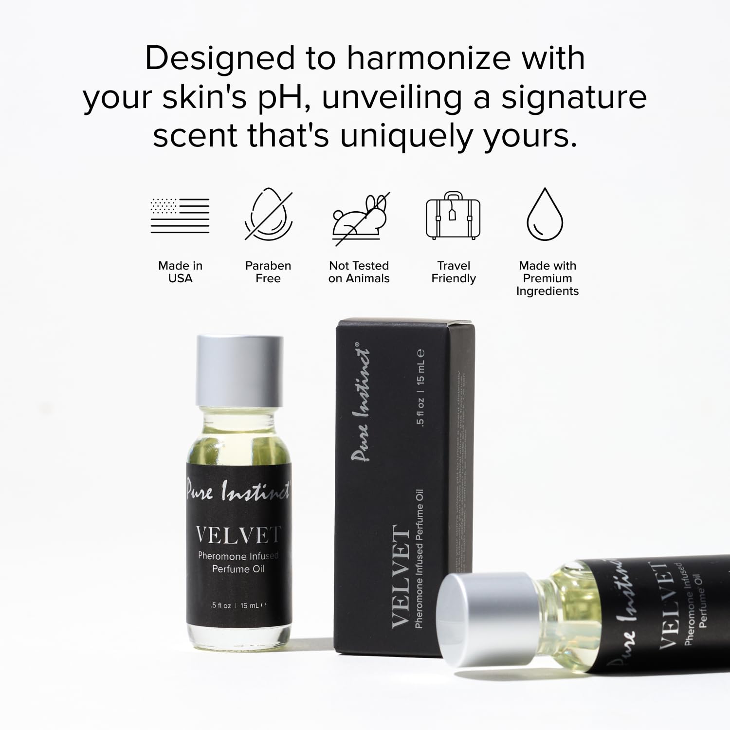 Pure Instinct Velvet bottle pictured with diffuser and bath setup.