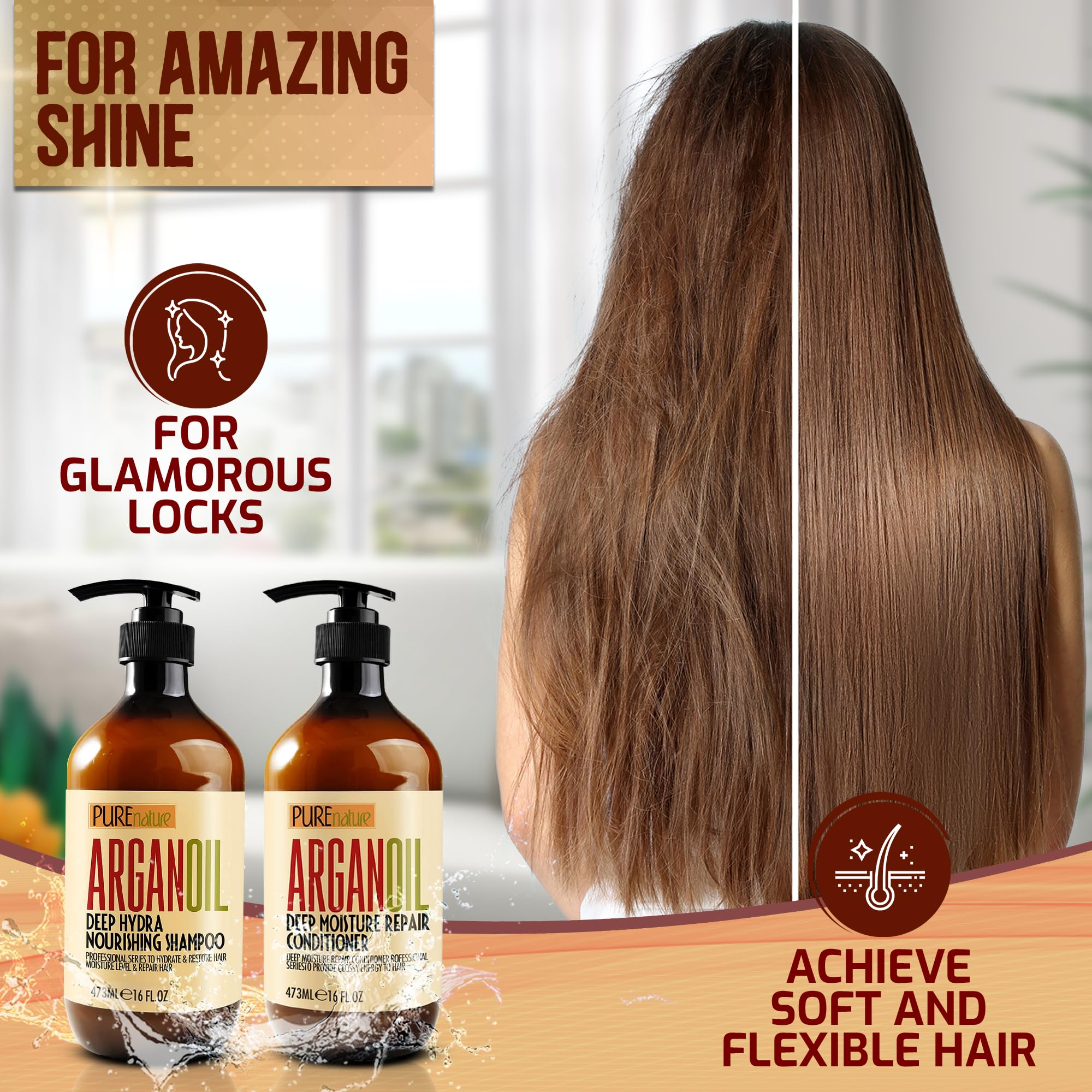 Pure Nature Lux Spa Argan Oil Conditioner label highlights moisture boost.