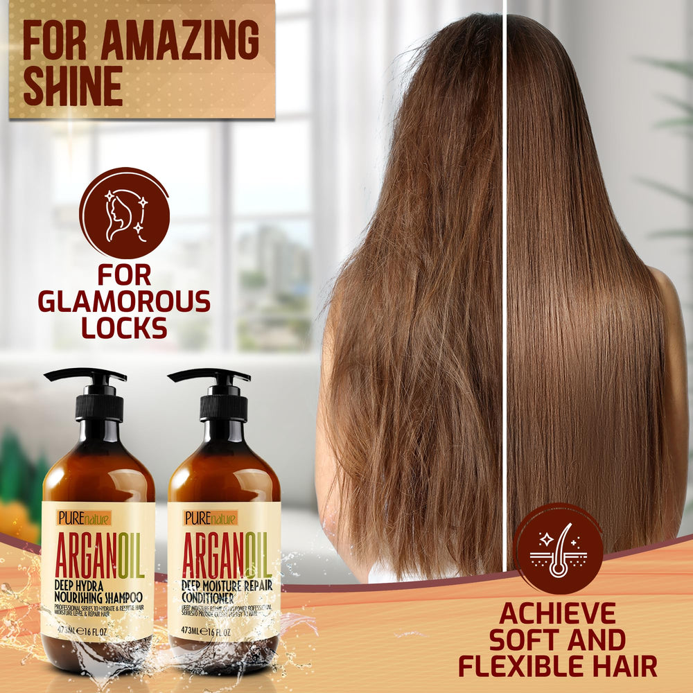 Pure Nature Lux Spa Argan Oil Conditioner label highlights moisture boost.