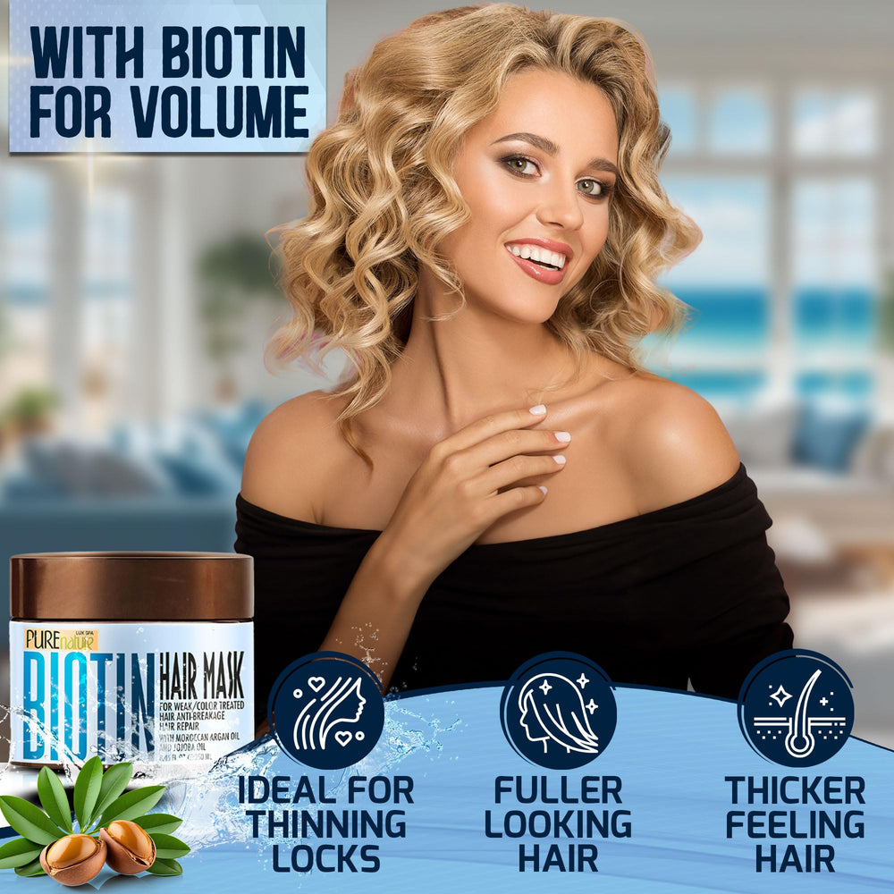 Close-up of Pure Nature Lux Spa Biotin Hair Mask jar highlighting rich, hydrating formula.