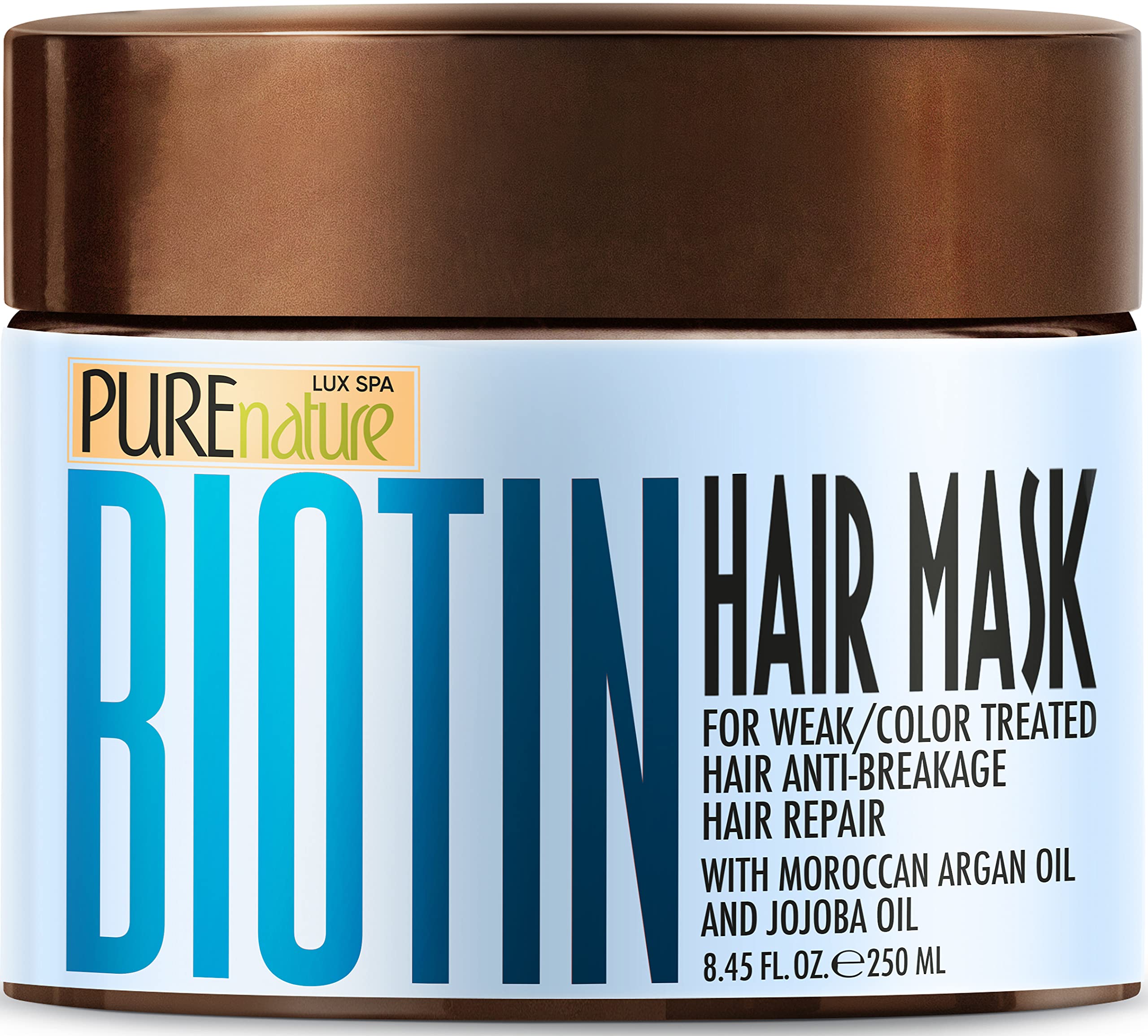 Pure Nature Lux Spa Biotin Hair Mask packaging shows premium conditioning for damaged hair.
