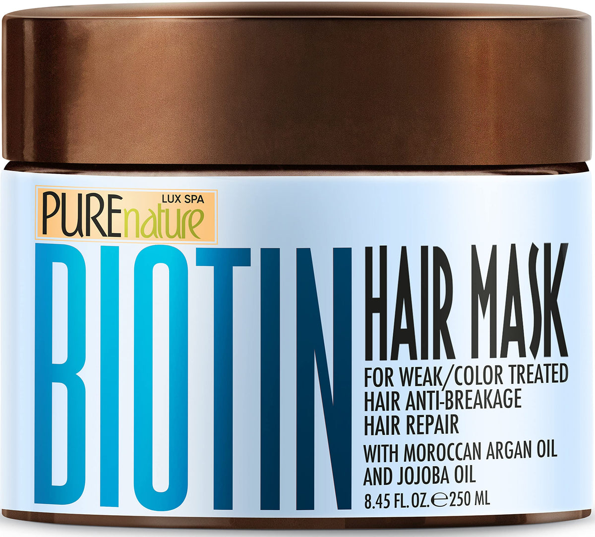 Pure Nature Lux Spa Biotin Hair Mask packaging shows premium conditioning for damaged hair.