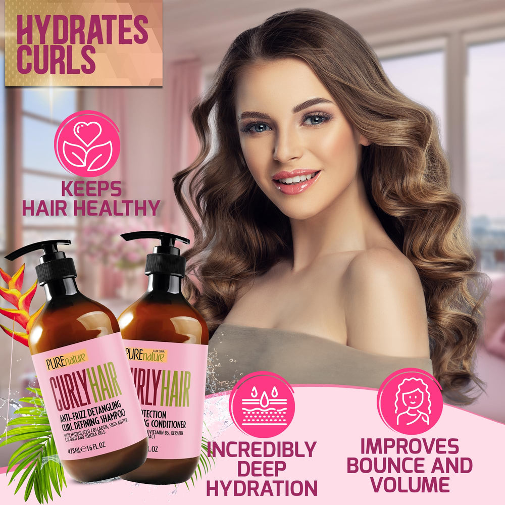 Pure Nature Lux Spa curly conditioner tube emphasizing frizz control and smoothness.