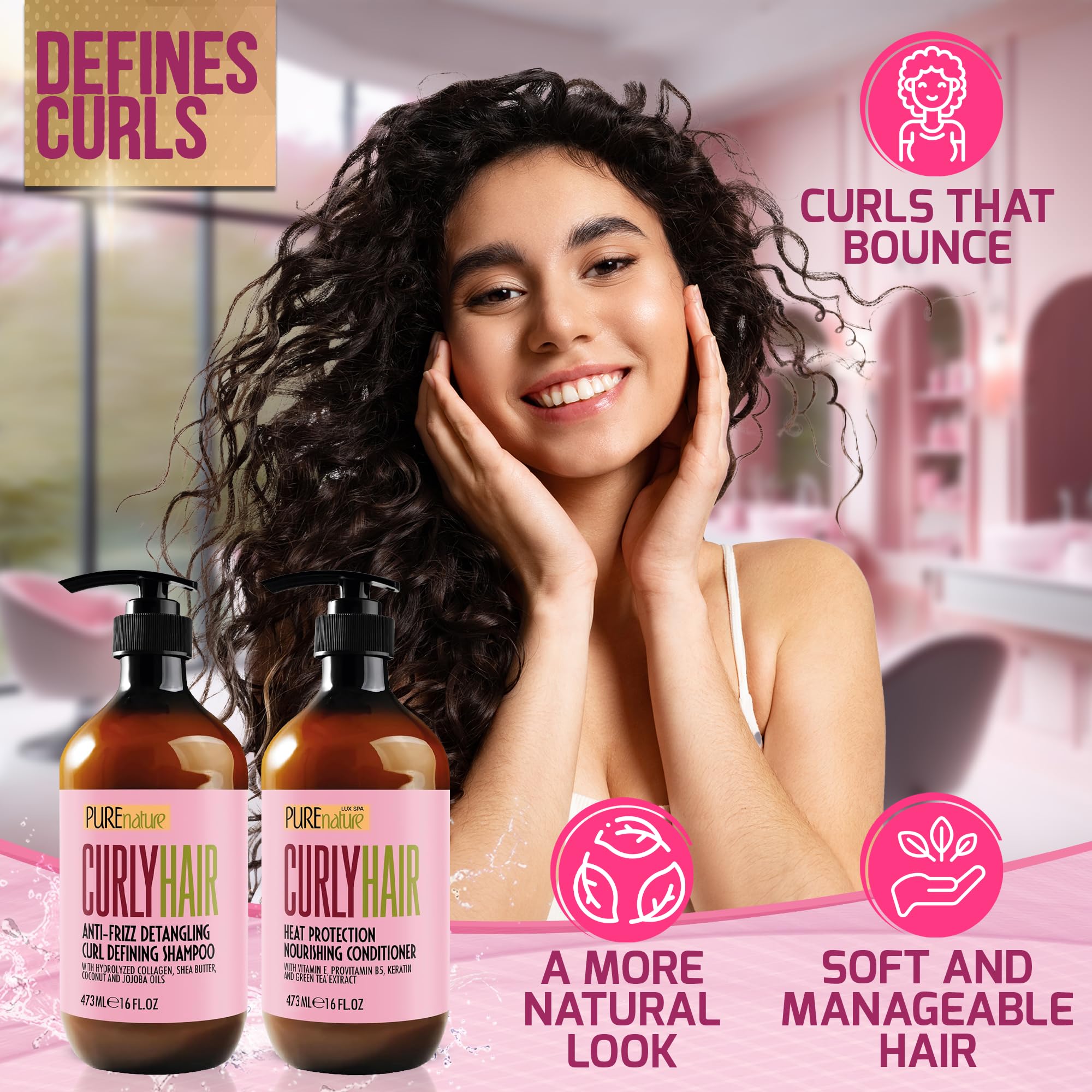 Pure Nature Lux Spa curly shampoo and conditioner dispensed for convenient daily curl care.