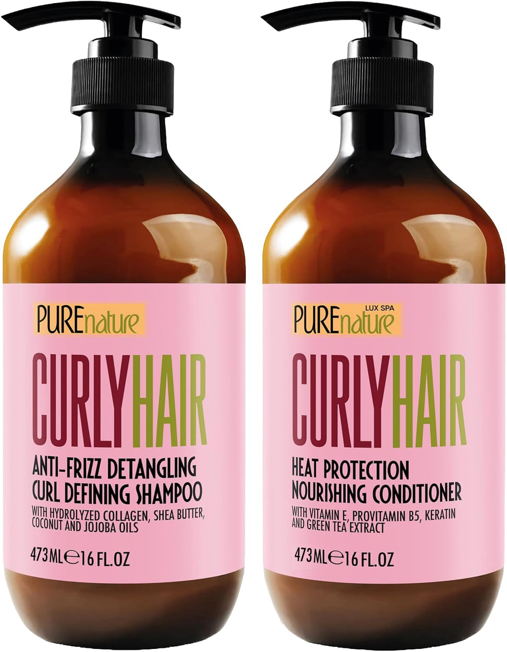 Pure Nature Lux Spa curly shampoo bottle highlighting deep hydration for curls.