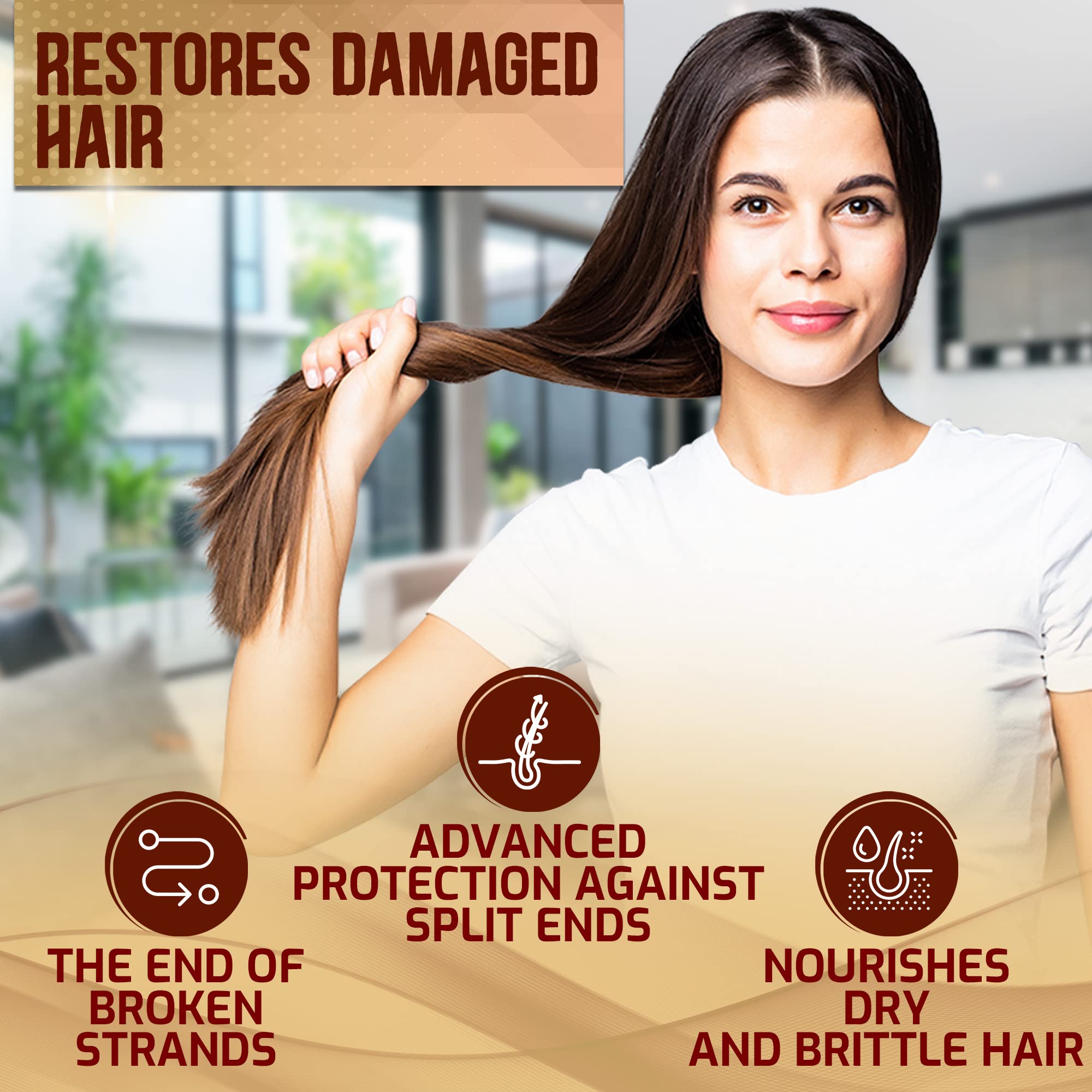 Frizz-control finish shown on hair for a smooth, polished look.