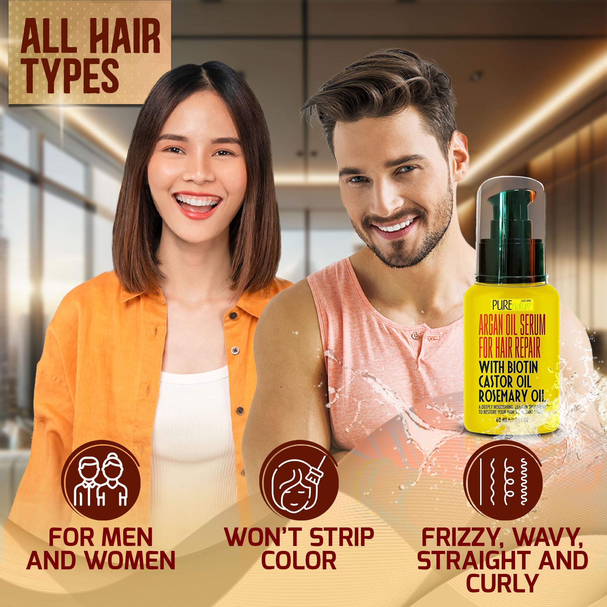 Strands catching light with Pure Nature Lux Spa serum for radiant shine.
