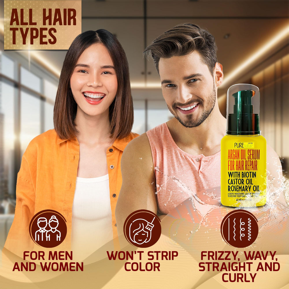 Strands catching light with Pure Nature Lux Spa serum for radiant shine.