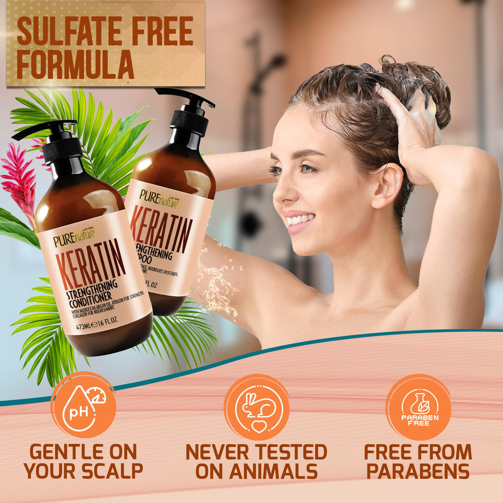 Pure Nature Lux Spa keratin shampoo bottle with silky shine impression