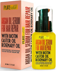 Pure Nature Lux Spa Moroccan Argan Oil Serum bottle for sleek, frizz-free styling.