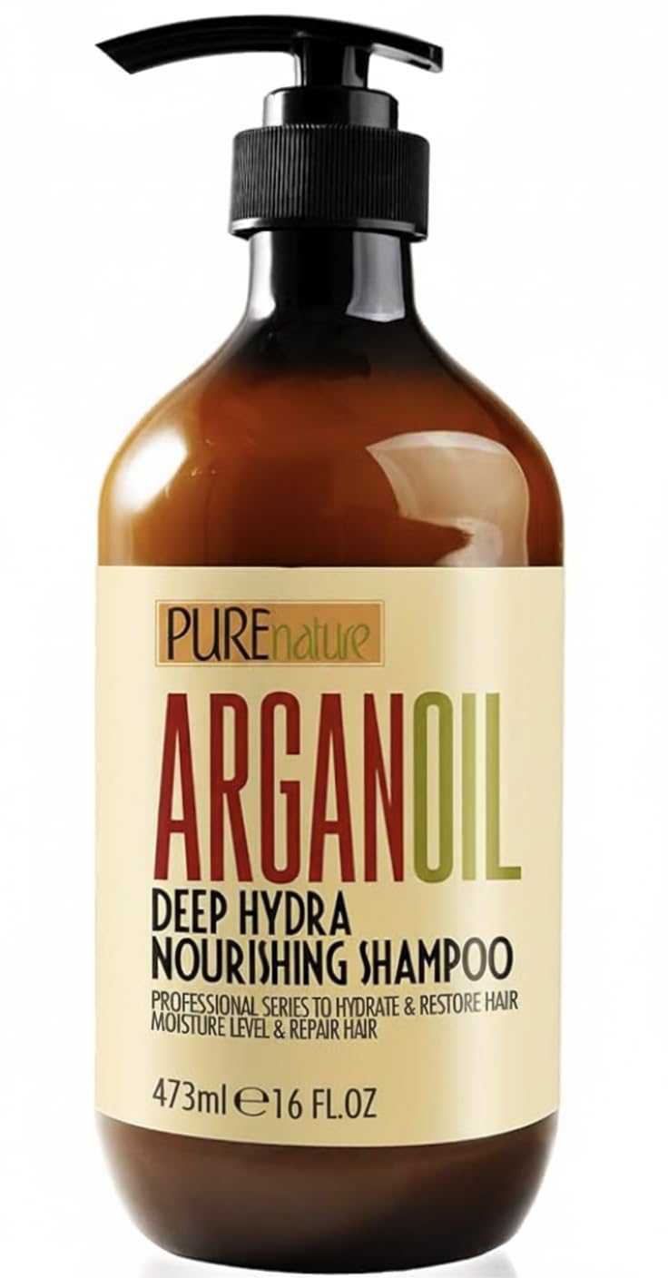 Pure Nature Lux Spa Moroccan Argan Oil Shampoo bottle smoothing frizz and improving manageability