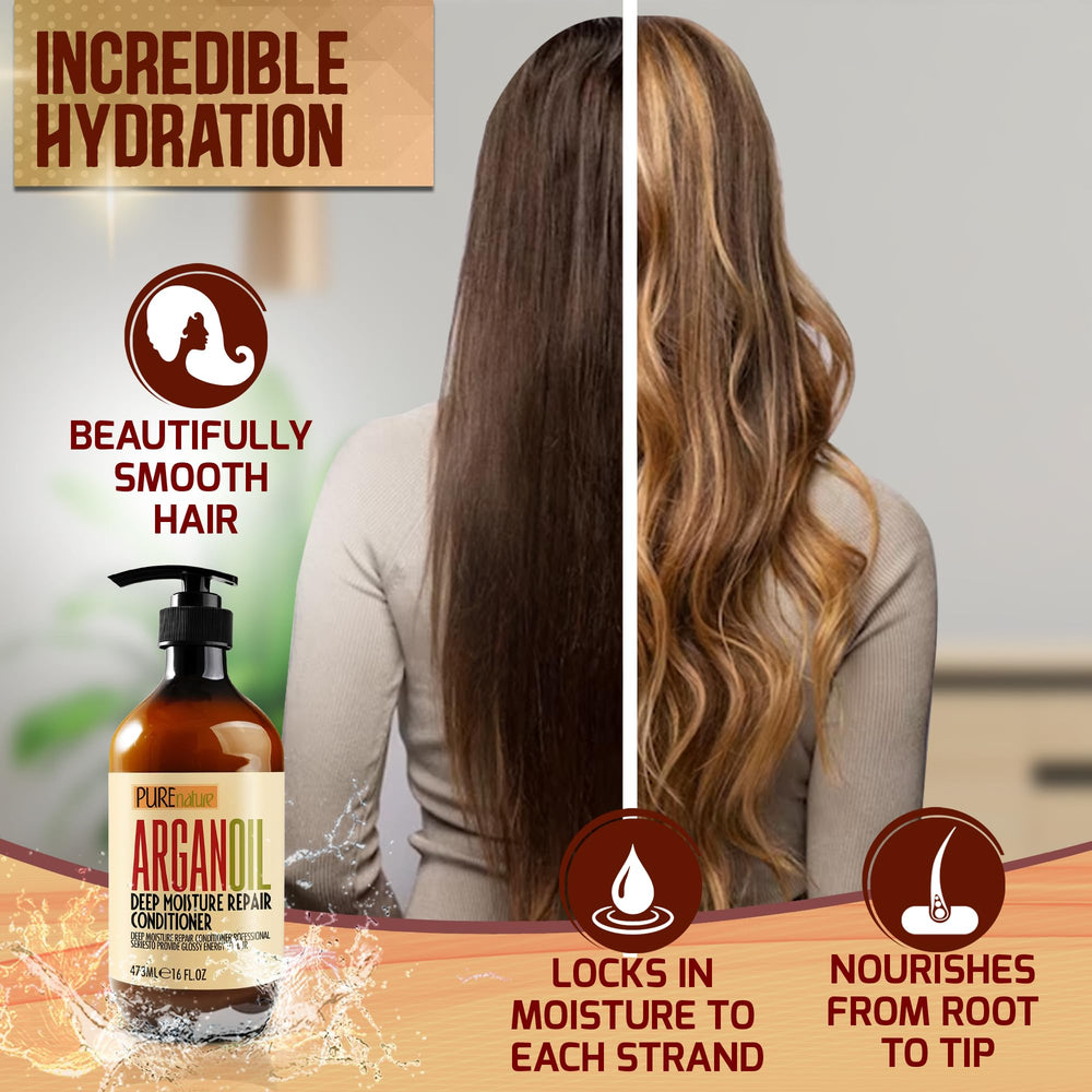 Pure Nature Lux Spa nourishing argan oil conditioner application image suggests detangling and deeper hydration