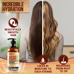 Pure Nature Lux Spa nourishing argan oil conditioner application image suggests detangling and deeper hydration