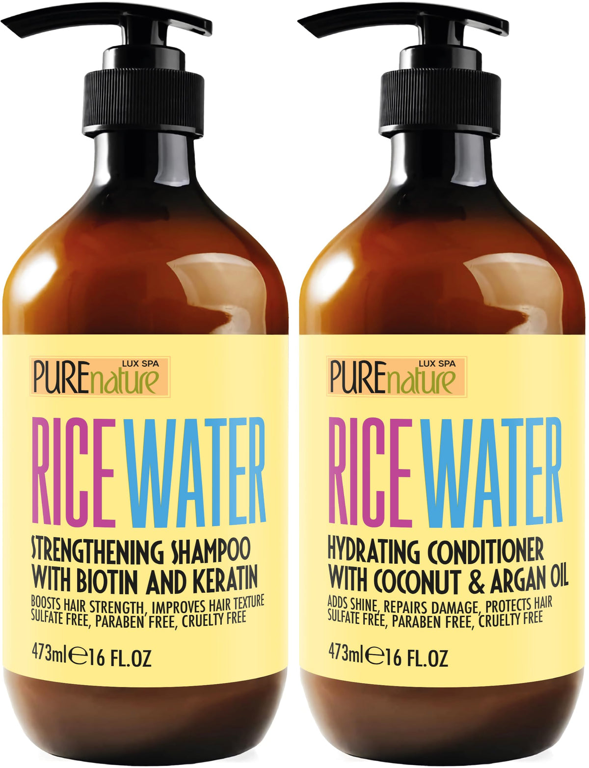 Pure Nature Lux Spa Rice Water Shampoo bottle front, sulfate-free formula for fine hair