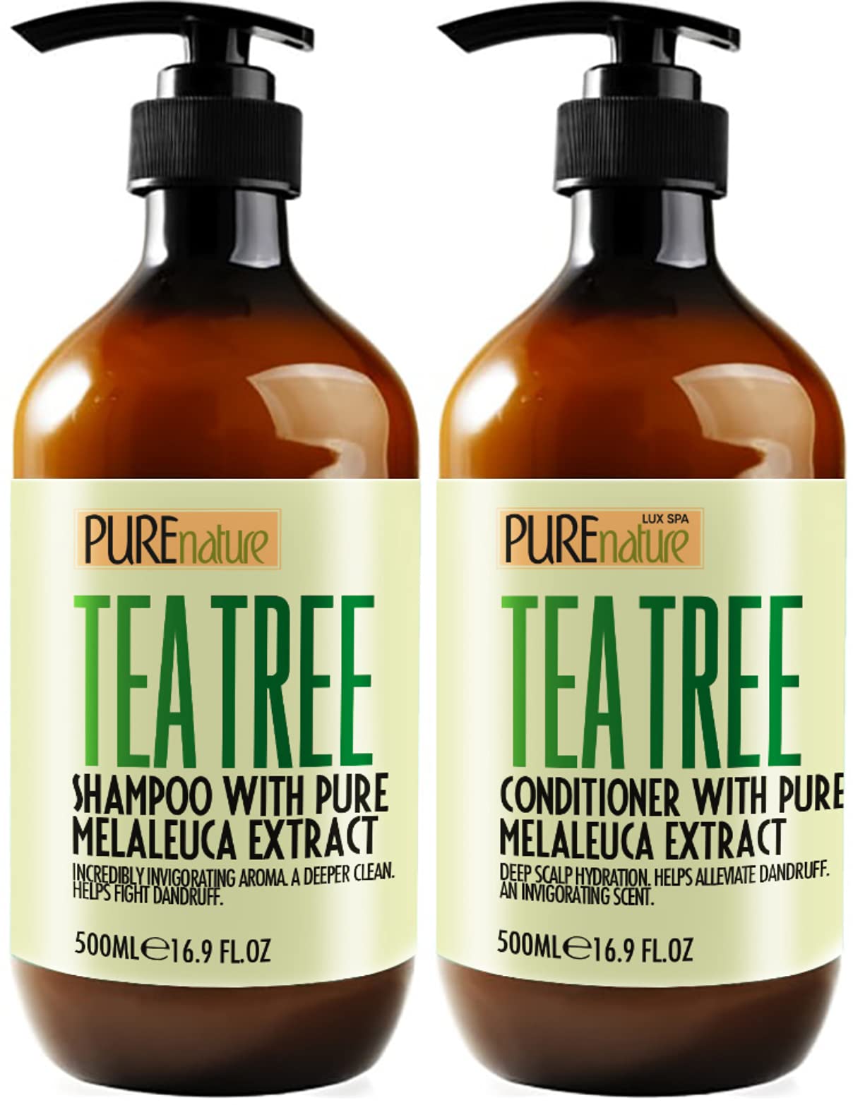 Pure Nature Lux Spa tea tree oil shampoo bottle shows sulfate-free cleansing for a refreshed scalp