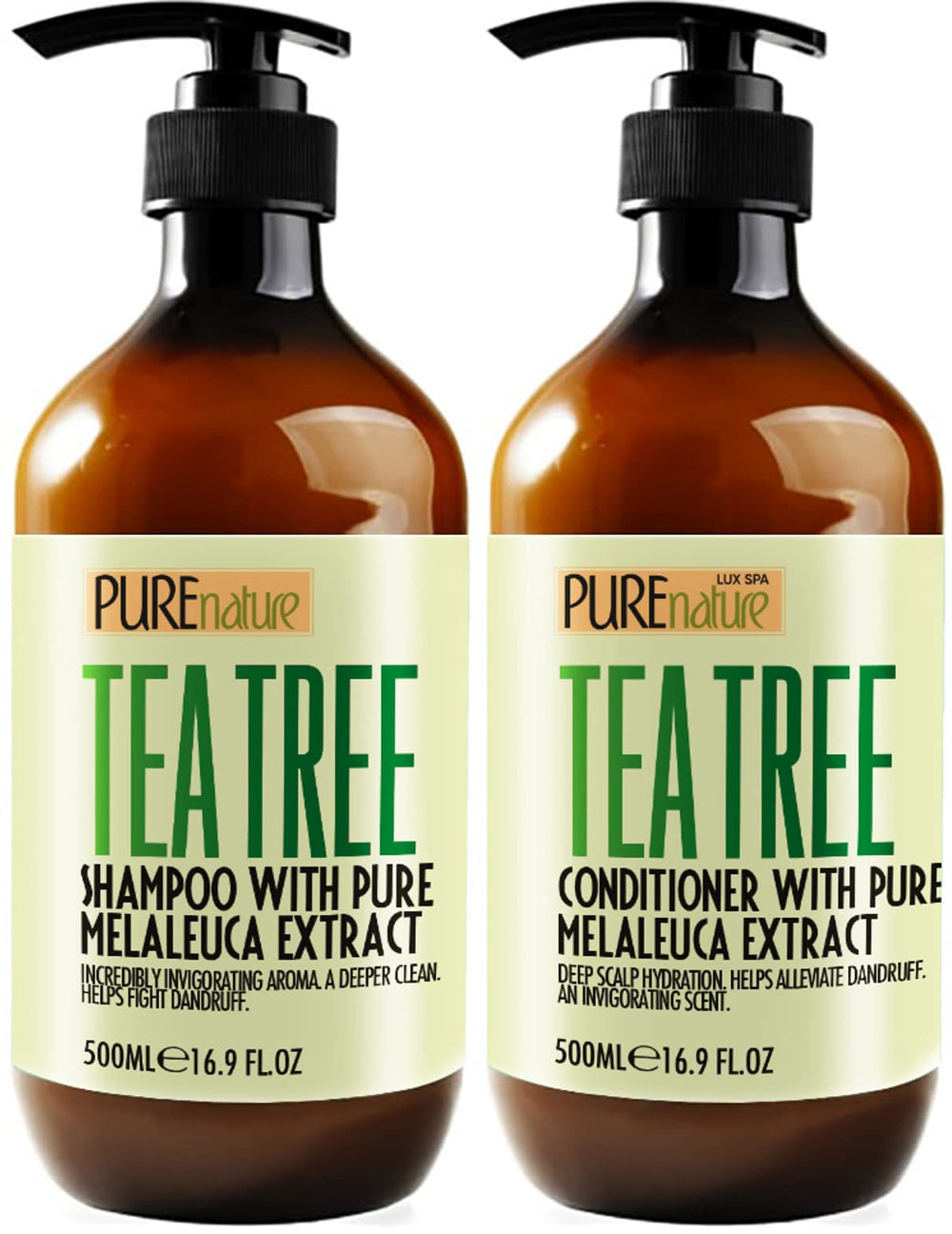 Pure Nature Lux Spa tea tree oil shampoo bottle shows sulfate-free cleansing for a refreshed scalp