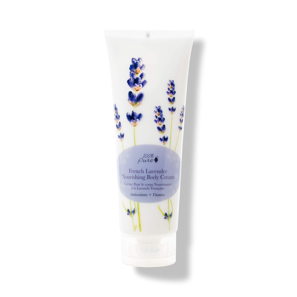 100% PURE Nourishing Body Cream bottle with lavender scent for daily hydration