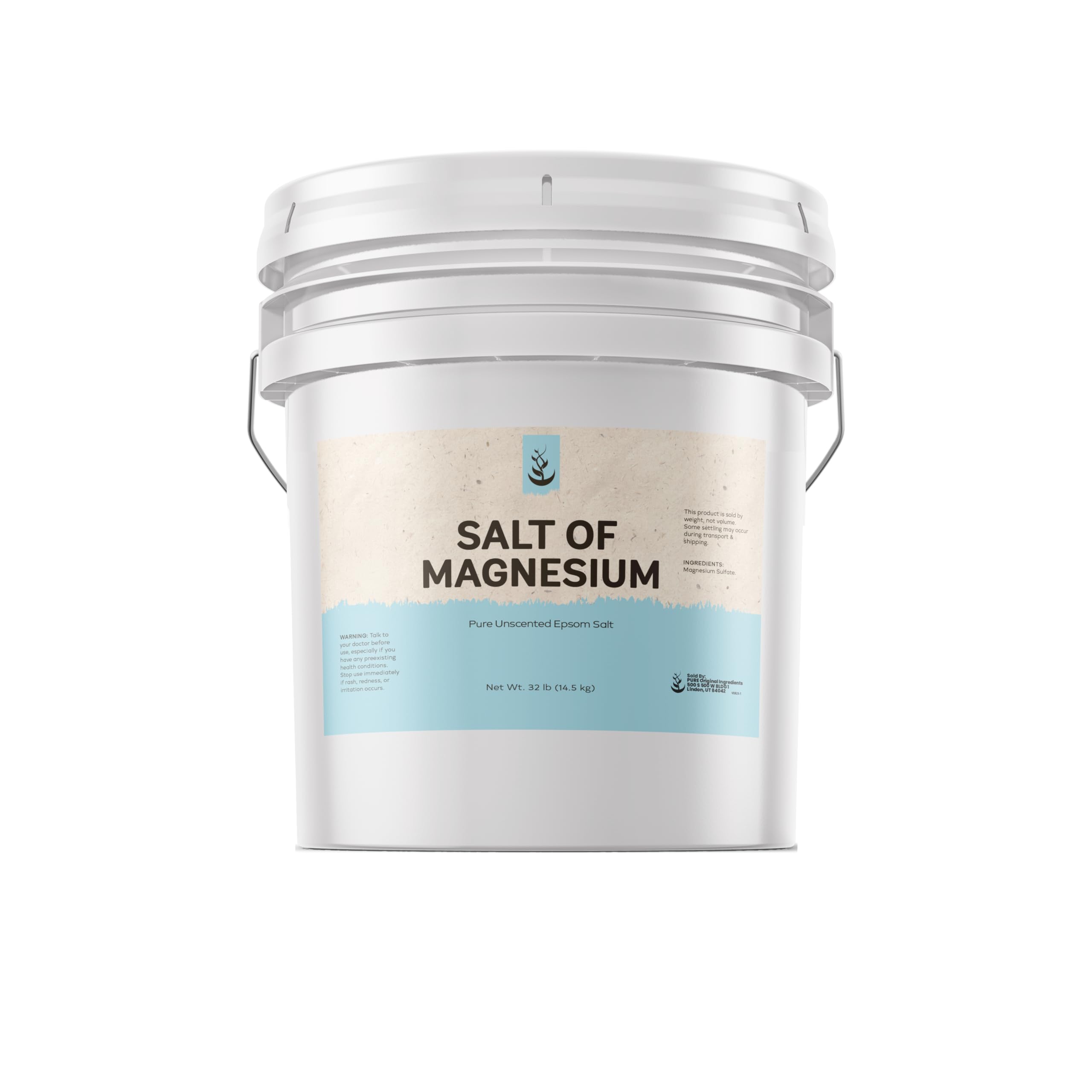 Pure Original Ingredients Salt of Magnesium bucket for easy storage and resealability.