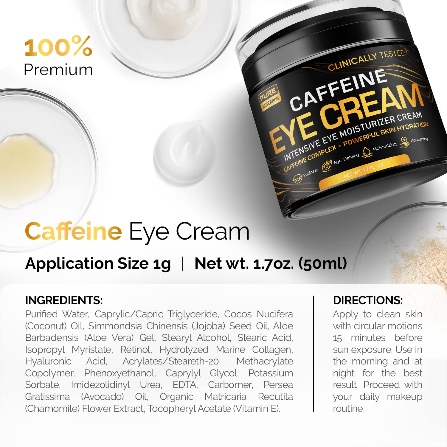 Pure Research caffeine eye cream combines caffeine and vitamin C antioxidants