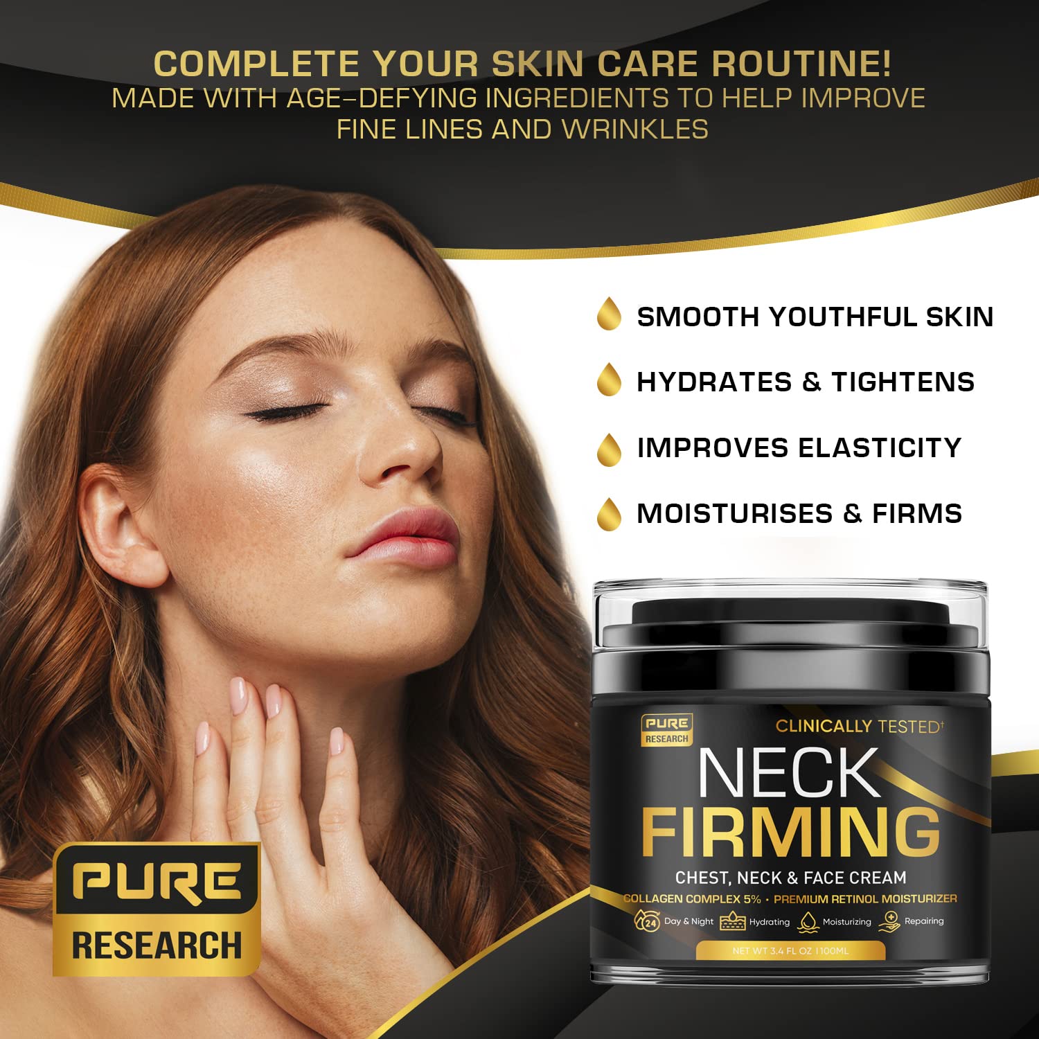 Pure Research jawline and decollete focus shows nourishing formula.