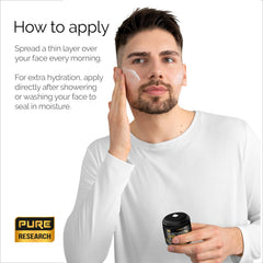 Pure Research men's age-defying cream application on skin for smoothness.