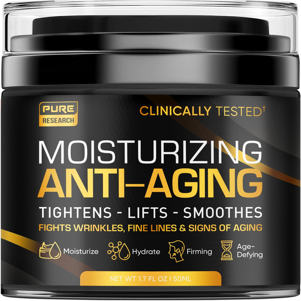 Pure Research men's face cream bottle close-up highlighting hydrating formula.