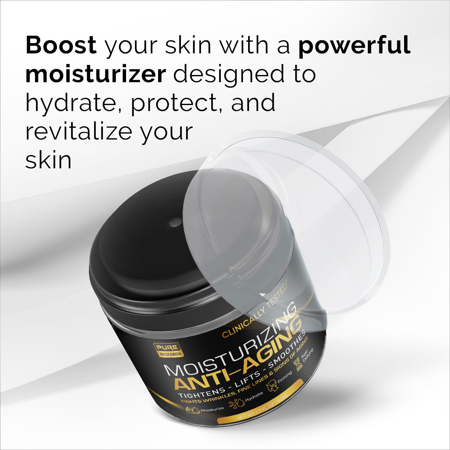 Pure Research men's face cream texture swirl showing lightweight, fast-absorbing moisturizer.