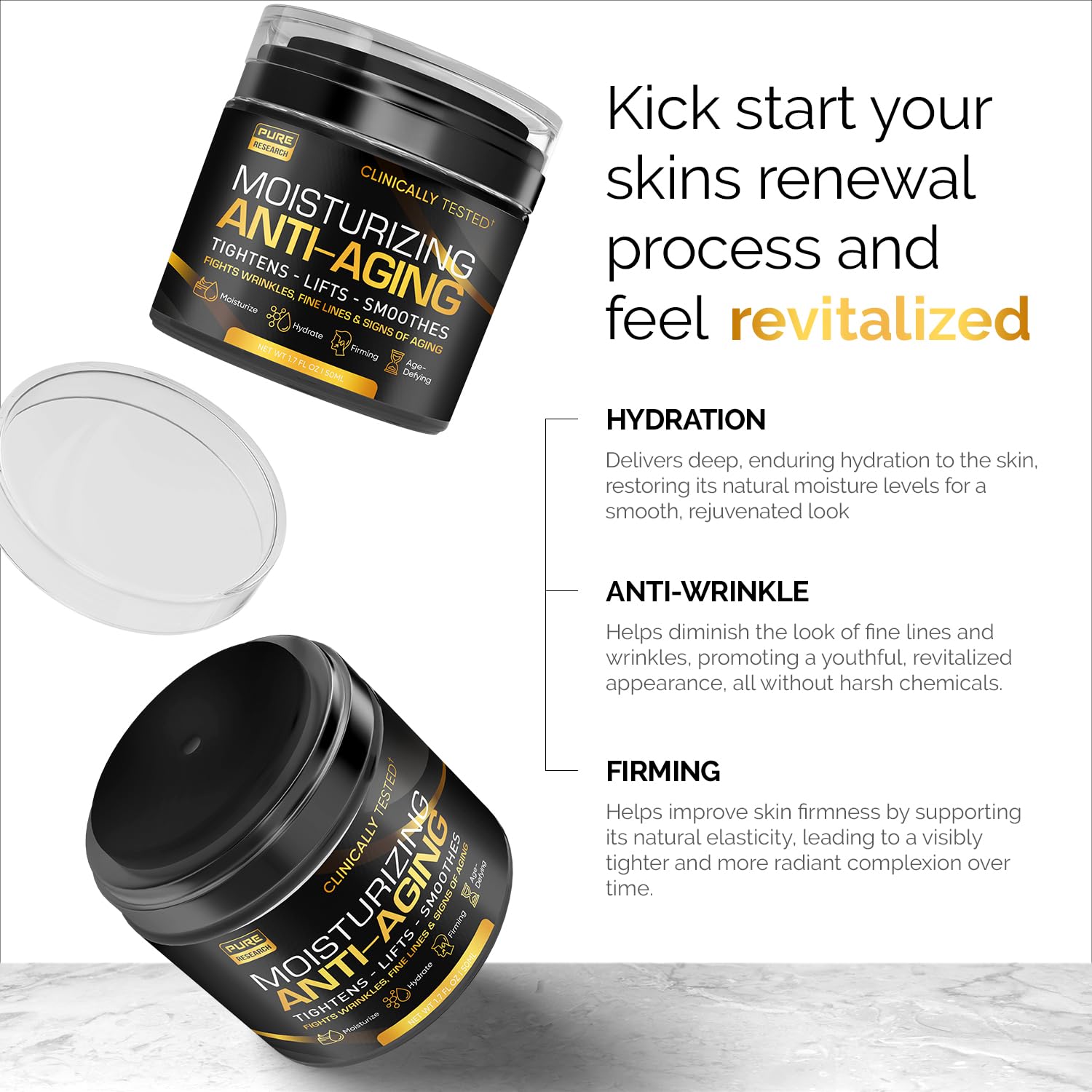 Pure Research men's ingredients with hyaluronic acid and peptides for hydrated skin.