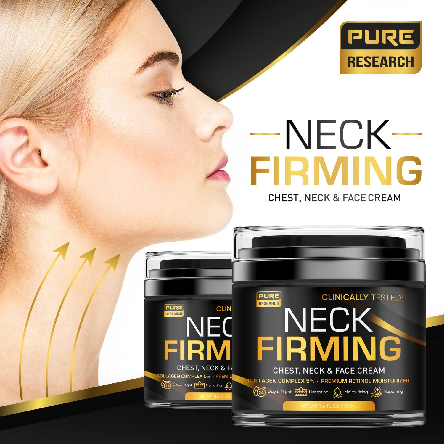 Pure Research neck care application with upward massage motion for potential tightening.