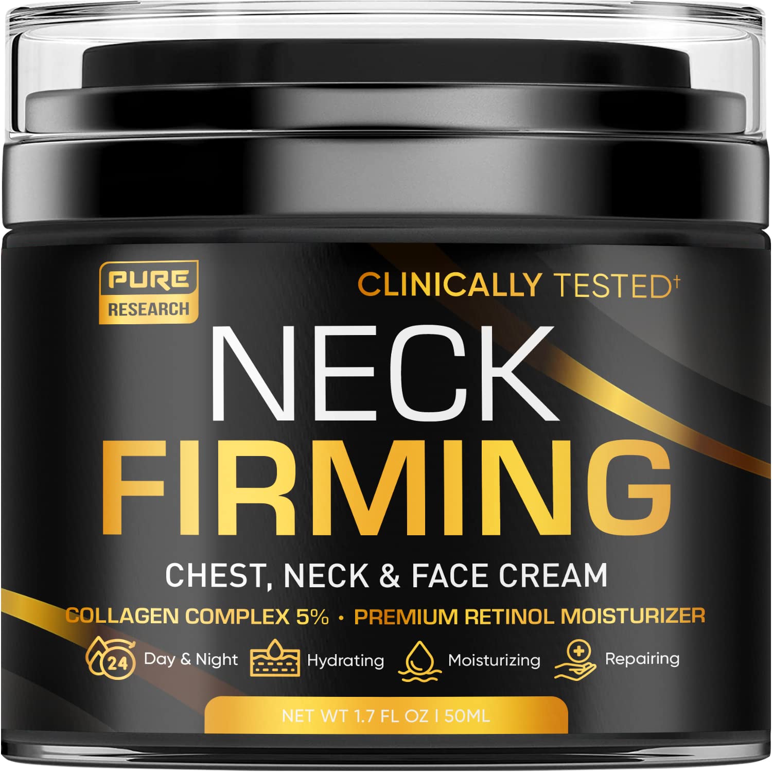 Pure Research neck firming cream jar closeup showing rich texture for hydration