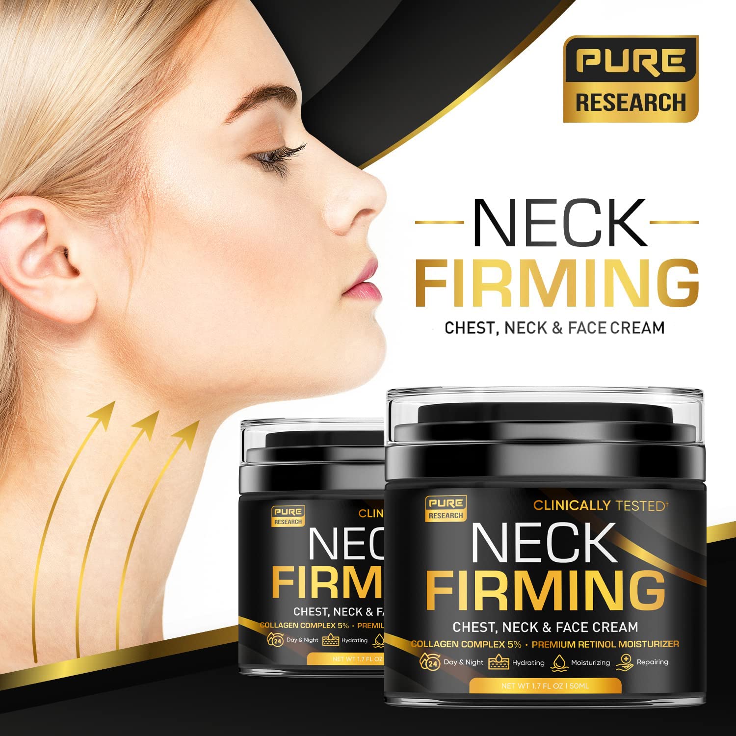Applying Pure Research neck firming cream to neck with massage for lifting