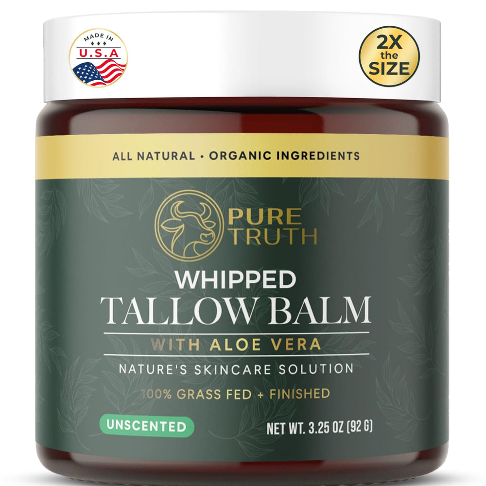 Pure Truth Beef Tallow Skin jar shows rich hydration for daily moisturizer.
